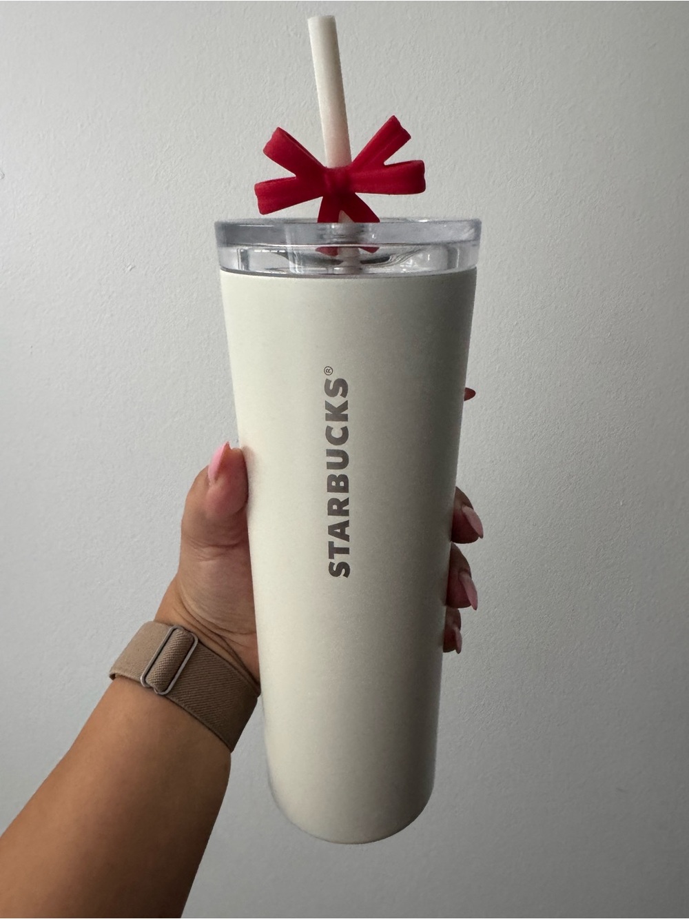 Starbucks White Tumbler with Red Straw Bow Accent